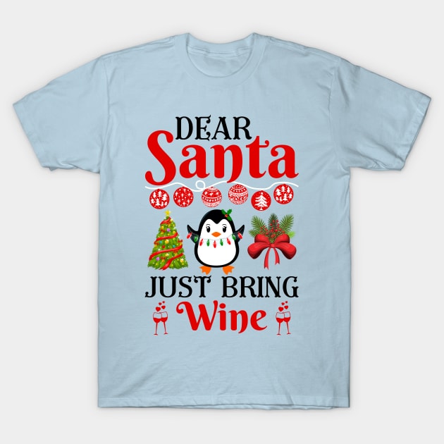 Dear Santa bring me wine funny christmas humour snow retro T-Shirt by SpaceWiz95
